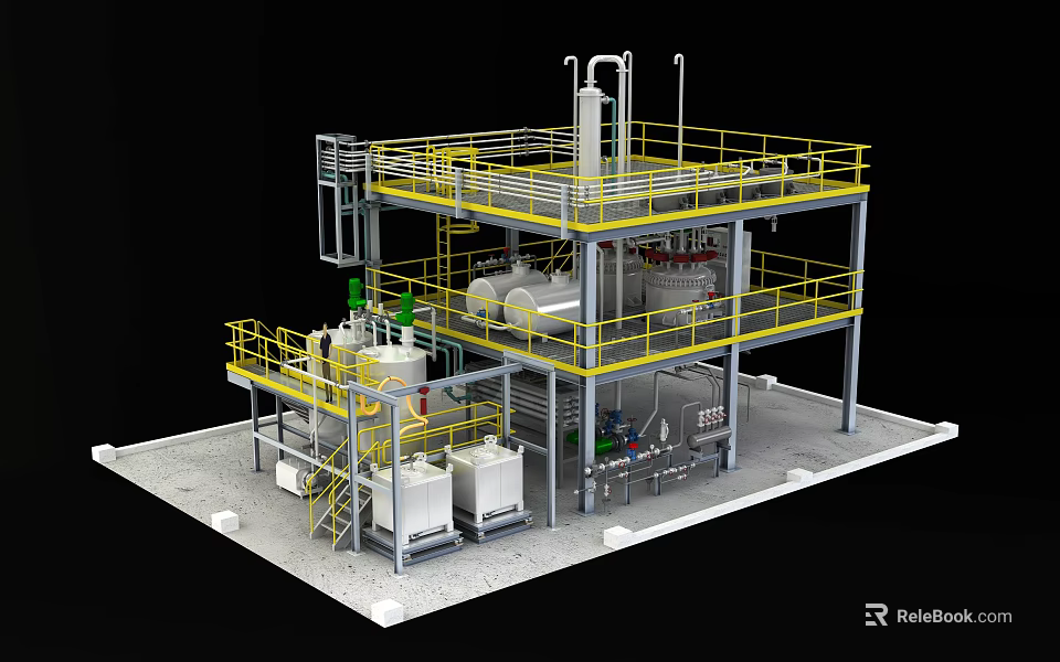 Industrial Processing Equipment With Multi Level Metal Platform And Safety Railings 3d model 