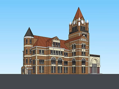 Historic Building Exterior With Red Brick Walls Spire Tower Clock And Arched Windows 3d model