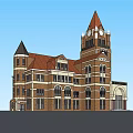 Historic Building Exterior With Red Brick Walls Spire Tower Clock And Arched Windows