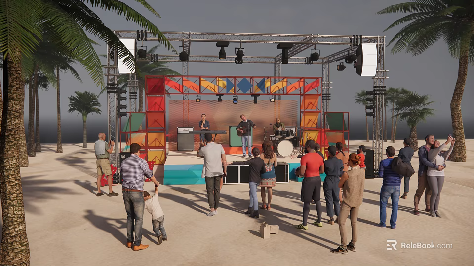 Outdoor Beach Band Performance On Stage With Audience Colorful Decorations Lighting And Palm Trees 3d model 