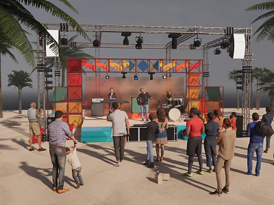 Outdoor Beach Band Performance On Stage With Audience Colorful Decorations Lighting And Palm Trees 3d model