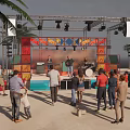 Outdoor Beach Band Performance On Stage With Audience Colorful Decorations Lighting And Palm Trees