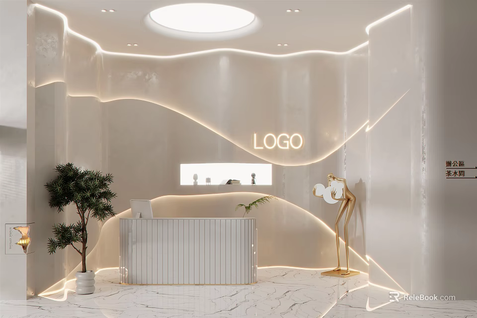 Modern Reception Area With Curved Wall Logo Sign Green Plant And Marble Floor 3d model 