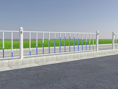Road Infrastructure White Guardrail With Blue Vertical Strips Gray Concrete Base And Green Grass Background 3d model
