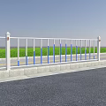 Road Infrastructure White Guardrail With Blue Vertical Strips Gray Concrete Base And Green Grass Background