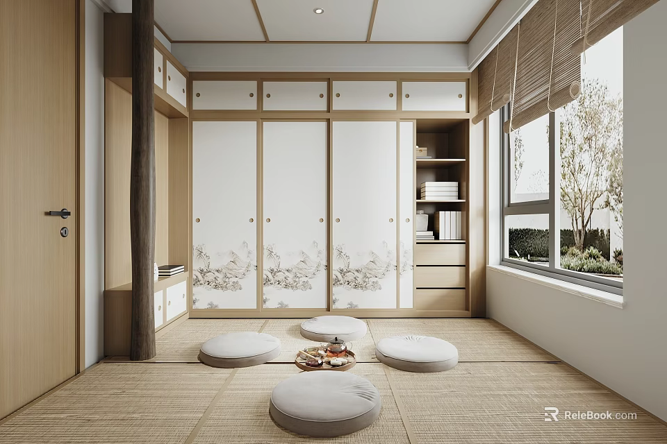 Traditional Tatami Bedroom Interior With Storage Cabinets Floor Cushions And Natural Light 3d model 