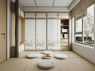 Traditional Tatami Bedroom Interior With Storage Cabinets Floor Cushions And Natural Light 3d model