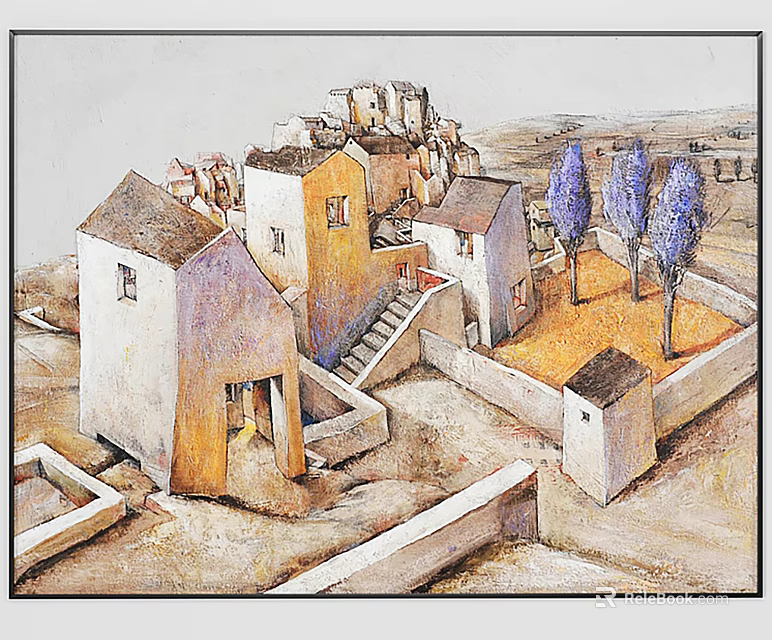 Oil Painting of Village Scene With Traditional Houses Staircase And Trees 3d model 