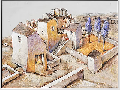 Oil Painting of Village Scene With Traditional Houses Staircase And Trees 3d model