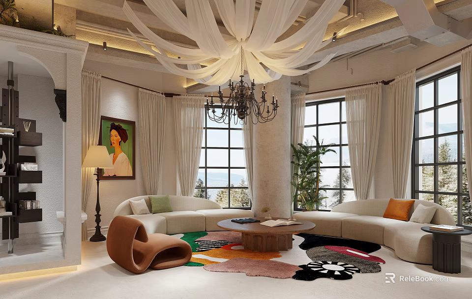 Modern Café Interior With Chandelier White Curtains Large Windows Sofa And Rug 3d model 