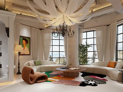 Modern Café Interior With Chandelier White Curtains Large Windows Sofa And Rug 3d model