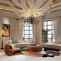 Modern Café Interior With Chandelier White Curtains Large Windows Sofa And Rug