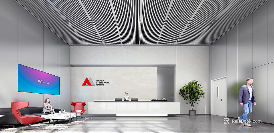 Modern Office Lobby Interior Featuring Reception Desk Receptionist And Potted Plant 3d model 