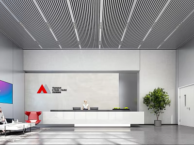 Modern Office Lobby Interior Featuring Reception Desk Receptionist And Potted Plant 3d model