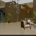 Hotel Lobby Interior With Wooden Decor Chandeliers Potted Plants Glass Doors And Comfortable Armchairs