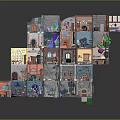 Cartoon Scenes with Stacked Colorful Small Rooms and Various Furnishings in Block Style Design