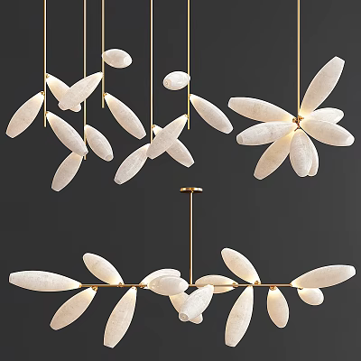 Modern Petal Shaped Chandelier with Gold Metal Frame and White Lampshades 3d model