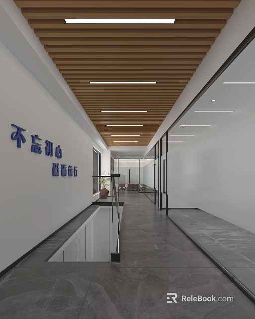 Modern Office Corridor With White Walls Wooden Ceiling Glass Partitions And Gray Floor Tiles 3d model 