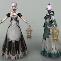 Game and Movie Gothic Character With Pink Hair Long Dress Holding Birdcage