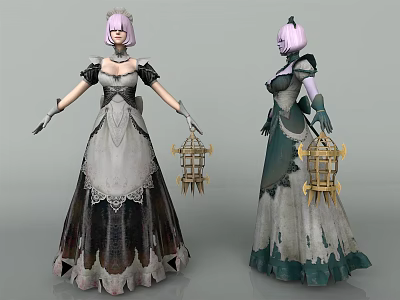 Game and Movie Gothic Character With Pink Hair Long Dress Holding Birdcage 3d model