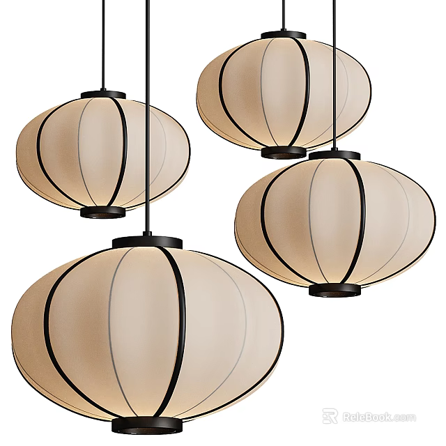 Set of Four Modern Cream Lantern Pendant Lights With Black Accent Lines Design 3d model 
