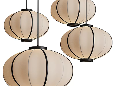 Set of Four Modern Cream Lantern Pendant Lights With Black Accent Lines Design 3d model
