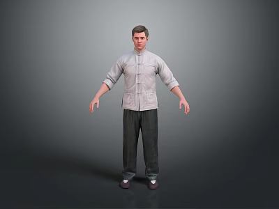 Male Character In Traditional Chinese Clothing Standing Pose Against Gray Background 3d model