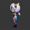Playful Cartoon Character With White Purple Hair Red Vest Blue Sleeves Holding Pink Box