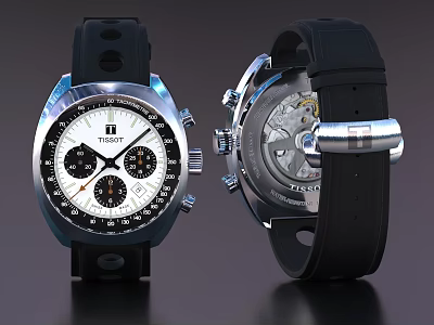 Mechanical Chronograph Watch With White Dial Black Rubber Strap Silver Case And Exposed Movement 3d model