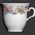 Delicate White Porcelain Cup With Colorful Floral Patterns On Body And Curved Handle