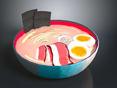 Delicious Ramen Bowl With Blue Bowl Pink Broth Soft Boiled Eggs And Pork Slices 3d model