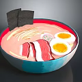 Delicious Ramen Bowl With Blue Bowl Pink Broth Soft Boiled Eggs And Pork Slices