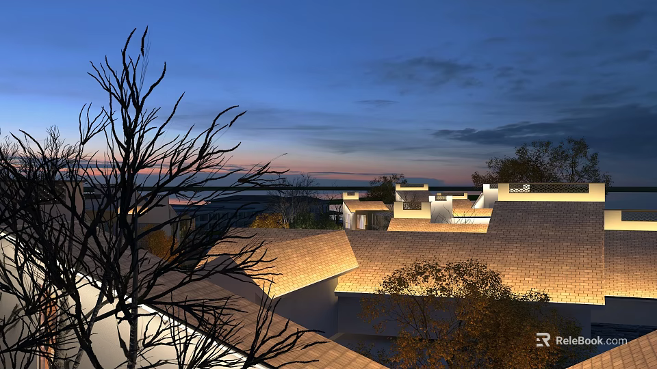Traditional Tile Roof Design With Modern Architectural Elements At Dusk 3d model 