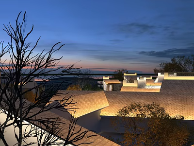 Traditional Tile Roof Design With Modern Architectural Elements At Dusk 3d model