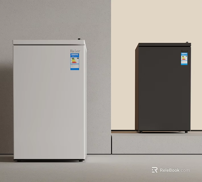 Two Small White And Black Refrigerators Placed On Light Colored Wall Countertop 3d model