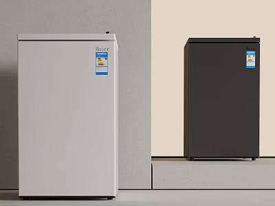 Two Small White And Black Refrigerators Placed On Light Colored Wall Countertop 3d model