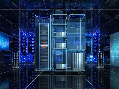 Modern Data Center Interior With Server Racks And Blue Digital Grid Background 3d model