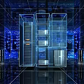 Modern Data Center Interior With Server Racks And Blue Digital Grid Background 3d model