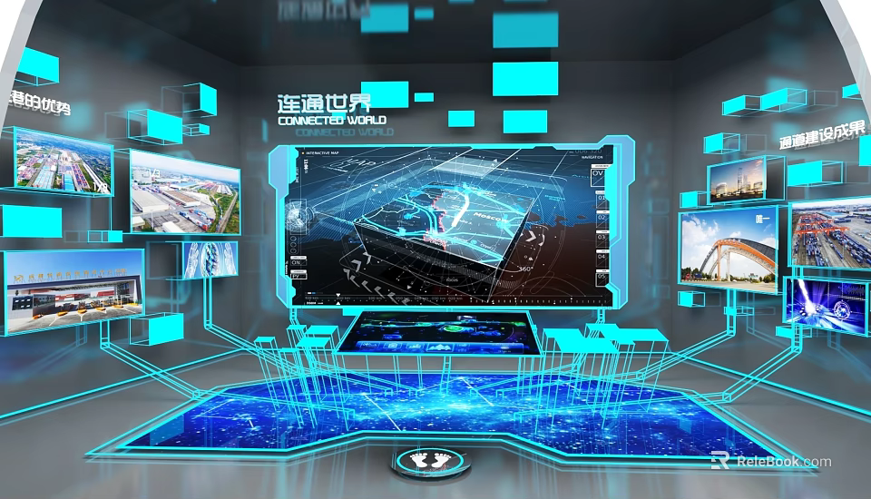 Connected World Tech Exhibition Hall With Multiple Screens And Blue Lighting 3d model