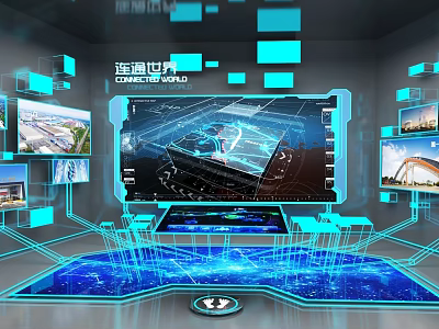 Connected World Tech Exhibition Hall With Multiple Screens And Blue Lighting 3d model