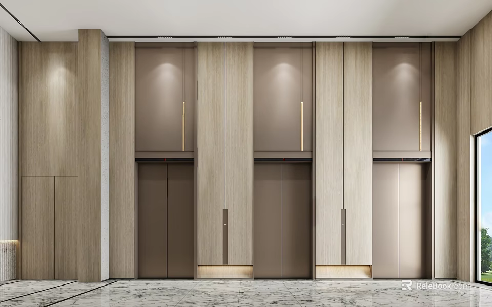 Modern Elevator Lobby With Wooden Panels Lighting And Marble Flooring 3d model 