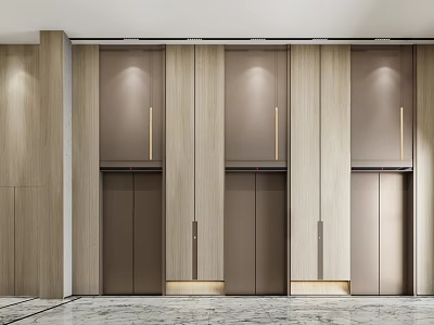 Modern Elevator Lobby With Wooden Panels Lighting And Marble Flooring 3d model
