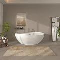 Elegant Bathroom Interior With White Freestanding Bathtub Beige Walls Framed Artwork Towel Ladder And Plant