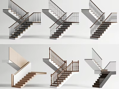 Various Staircase Designs With Wooden Treads And Stylish Railings For Modern Home Interior 3d model