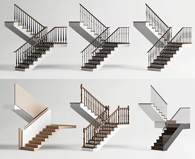 Various Staircase Designs With Wooden Treads And Stylish Railings For Modern Home Interior 3d model
