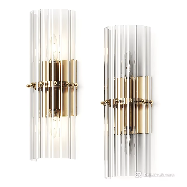 Modern Wall Lamp with Transparent Striped Glass and Gold Metal Frame 3d model 