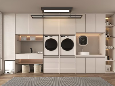 Modern Laundry Room With Double Washing Machines Cabinets Sink And Storage 3d model