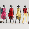 Fashion Models In Colorful Dresses And Pants With Hanging Clothes And Accessories