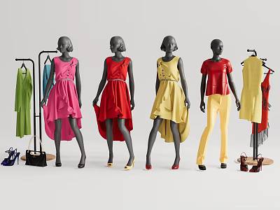 Fashion Models In Colorful Dresses And Pants With Hanging Clothes And Accessories 3d model