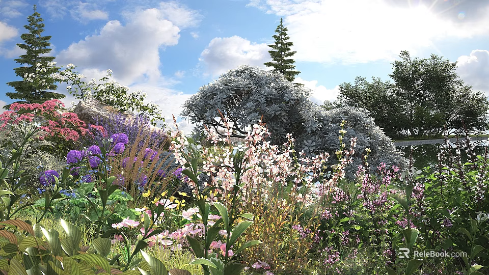 Colorful Garden Flowers And Various Plants Under Blue Sky With Green Trees 3d model 